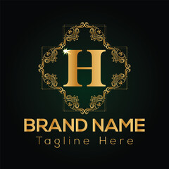 Golden letter H logo with ornate frame and brand name text monogram