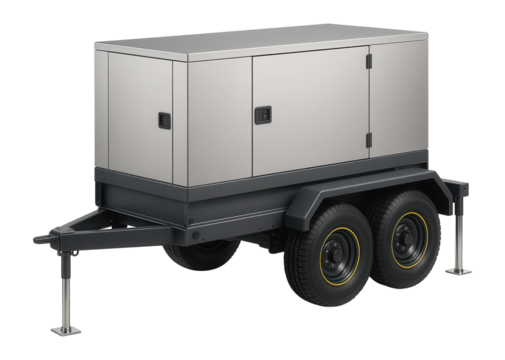 Trailer-mounted diesel generator with dual axles and stabilizing jacks