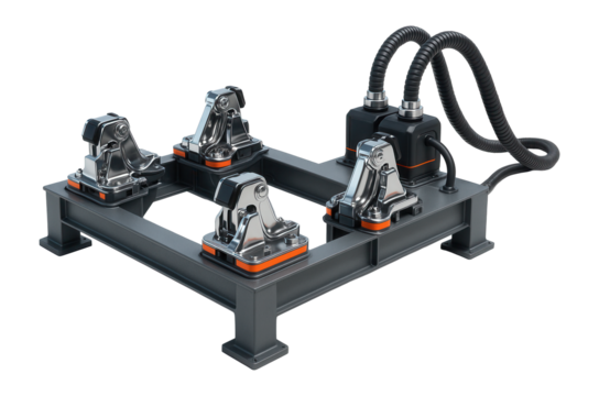 Rocket launch table with hold-down clamps and umbilical connections