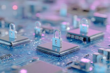 Cybersecurity concept with padlocks on computer microchips symbolizing data protection and digital information security.