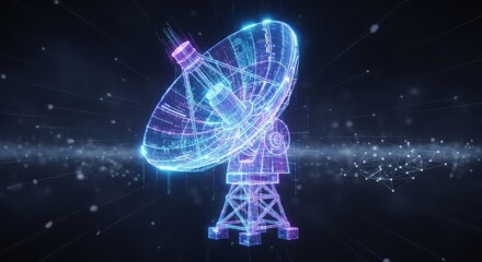 Futuristic digital satellite dish array emitting blue neon light showcasing advanced communication technology and global connectivity isolated on white background