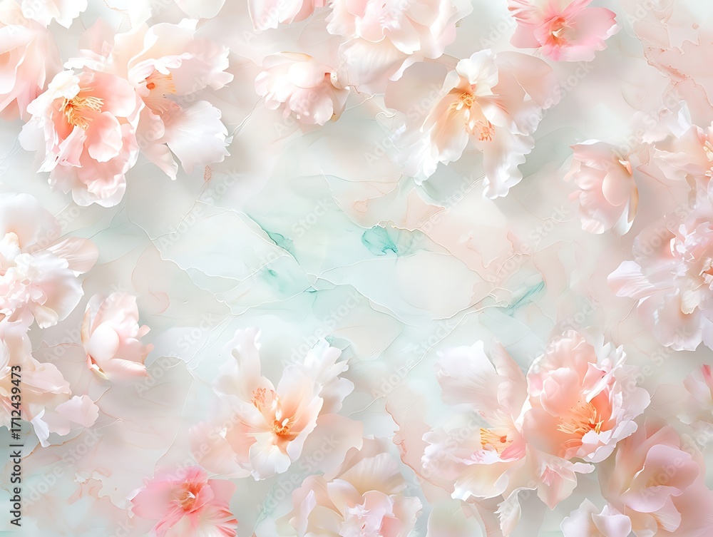 Poster Delicate Soft Pink Flowers on Light Background with Subtle Abstract Swirls and Textures for Elegant Design Use
