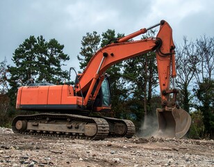 Orange excavator on construction site