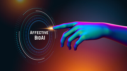 Affective BioAI text message with 3d arm touching HUD interface for futuristic AI and IoT visualization