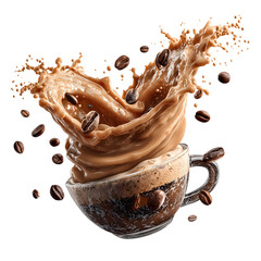 Coffee Cup with Splash and Coffee Beans Isolated on Black