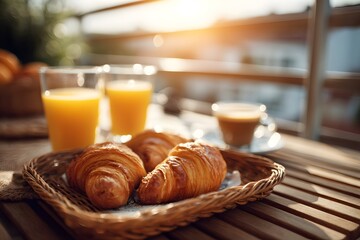 Two croissants with orange juice and espresso on a sunny terrace, traditional French breakfast scene with morning light