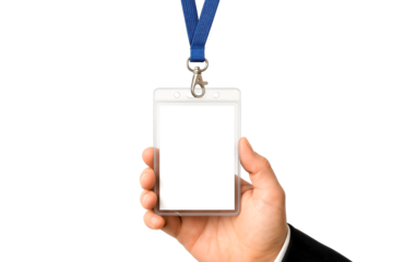 Hand holding blank ID badge on blue lanyard — isolated on transparent background