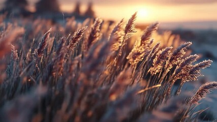 Frozen grass stalks sparkling under warm sunrise light in winter landscape, close-up nature background with frost and golden glow
- Powered by Adobe