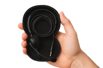 Hand holding zippered case with wired mono headset and mic — isolated on transparent background