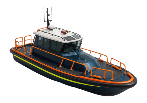 Harbor pilot boat with sleek hull and high-visibility stripes