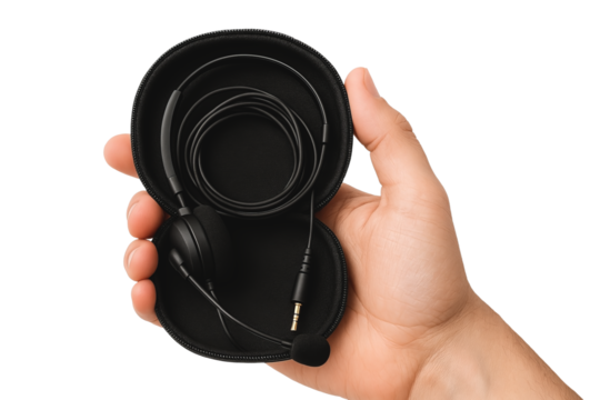 Hand holding zippered case with wired mono headset and mic — isolated on transparent background