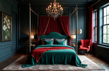 Gothic bedroom with green canopy bed ornate furniture and rich red accents. Features a four-poster bed and elegant armchairs.