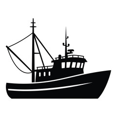 Silhouette of a fishing trawler boat with nets and mast for maritime transport and fishing operations silhouette