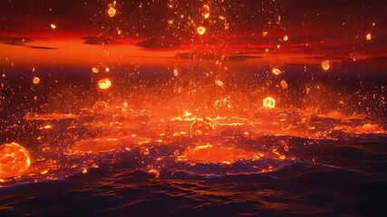 Glowing orange sparks and embers floating above dark water with a fiery sky in the background.