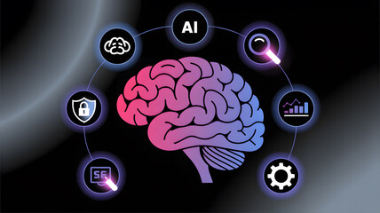 Artificial intelligence brain with icons representing modern technologies
