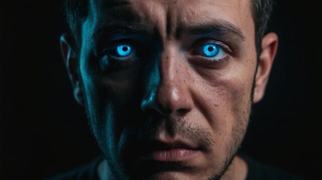 A close-up shot of a man's face against a black background