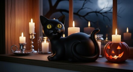 Spooky black cat figurine with candles and jack o lantern for halloween