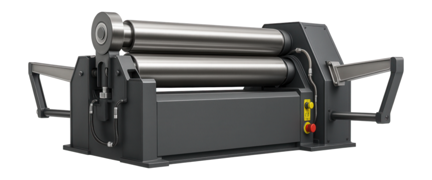 Heavy-duty plate rolling machine with pre-bending capability and side support arms for a shipbuilding yard