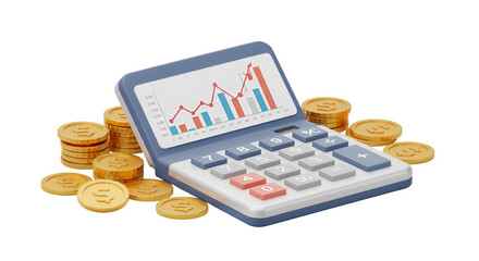 Financial Calculator and Coins: A detailed, realistic illustration depicting a calculator displaying a growth chart, surrounded by a collection of gold coins, symbolizes financial analysis and profit.