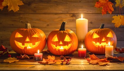 Halloween pumpkin lanterns in ambient light: Carved pumpkins with smiling faces and glowing candlelight, amidst fall leaves and wooden backdrops, capturing the festive, cozy ambiance of Halloween.