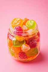 Colorful gummy candies on pink background. Sweet and playful dessert scene.