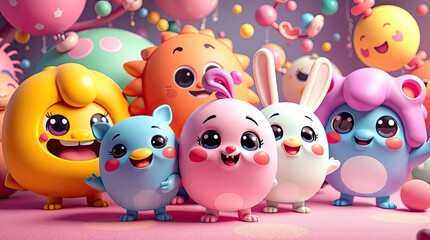 Fototapeta premium 3D Cartoon Animal Characters Party Scene with Adorable and Cute Mascots Celebrating Together