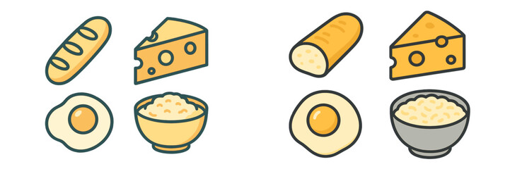 Assortment of breakfast and staple food icons including bread, cheese, fried eggs, and rice in a simple graphic style