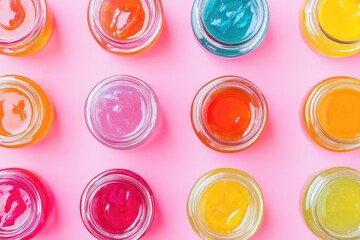 Colorful jelly desserts in jars on pink background. Sweet and vibrant treats.