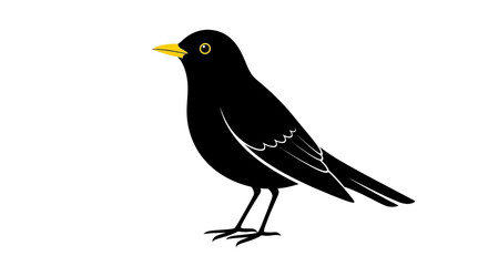 Fototapeta premium Side view of a blackbird, outlined in black, with yellow beak and eye.