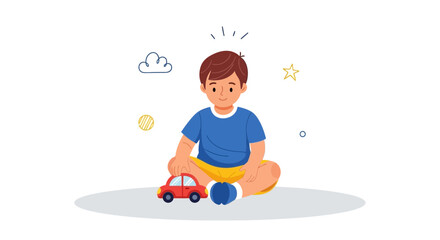 Cheerful Young Child Sitting and Playing With Toy Car in Playful Illustration