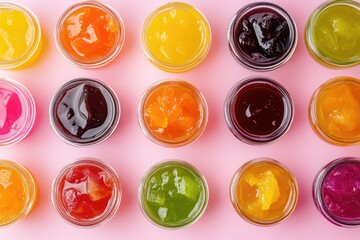 Colorful jelly desserts in jars on pink background. Sweet and vibrant treats.