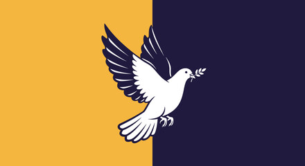 Naklejka premium A white dove, carrying an olive branch, soars across a split gold and dark blue background.