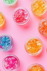 Colorful gummy candies on pink background. Sweet and playful dessert scene.