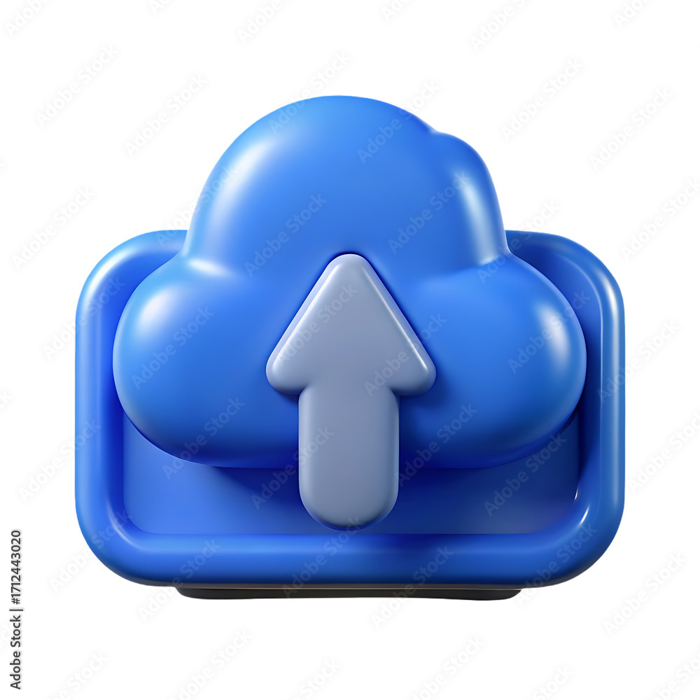 Poster 3d blue cloud upload icon symbol representing data transfer storage and digital network connectivity
