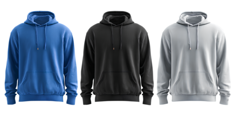 set of black, blue, and white hooded sweatshirts on a transparent