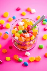 Colorful gummy candies on pink background. Sweet and playful dessert scene.