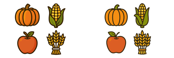 Colorful pumpkins, corn, and apples arranged in a bright autumn theme for harvest celebration