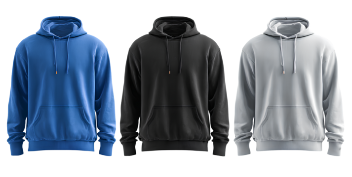  set of black, blue, and white hooded sweatshirts on a transparent
