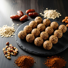 Gluten free energy balls with oats dates cocoa and nuts, healthy protein snack, rustic top down view

