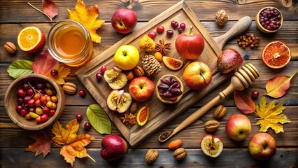 Autumn harvest fruits and honey on wooden table