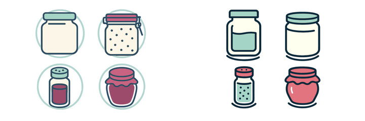 Colorful jars with various contents arranged in two sets on a neutral background