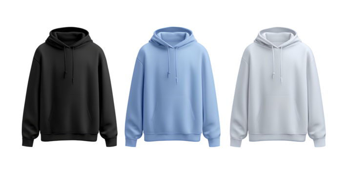 set of black, blue, and white hooded sweatshirts on a transparent