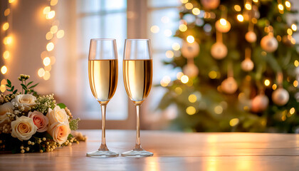 Two champagne glasses with Christmas tree lights and bouquet in the background