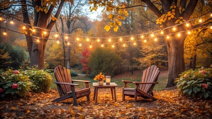Cozy autumn backyard with string lights and chairs