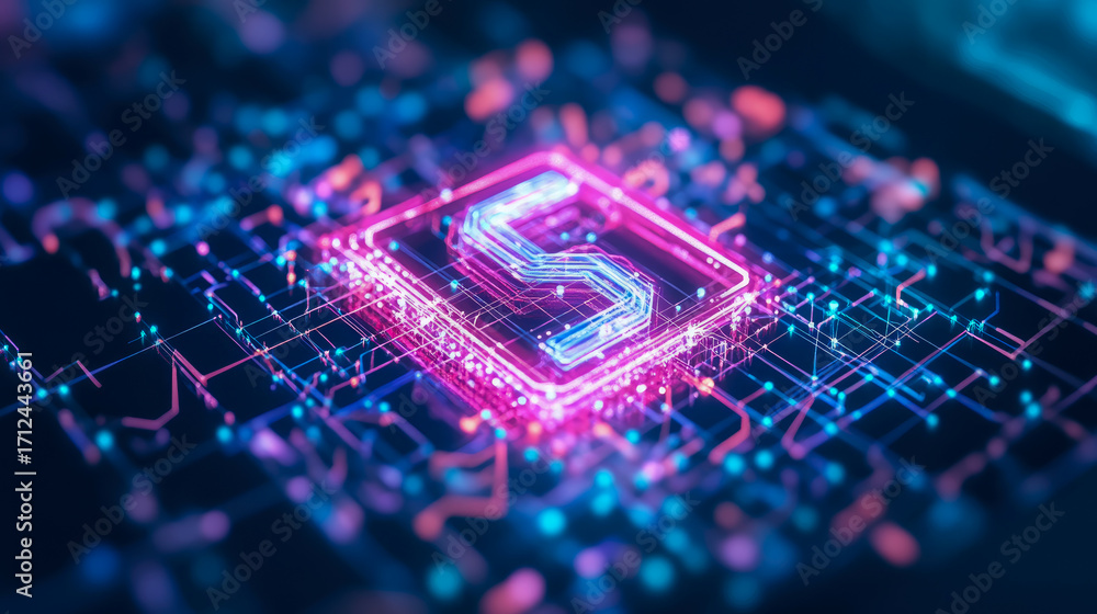 Poster high-tech abstract image featuring glowing s symbol at heart of vibrant, neon-lit digital circuit bo