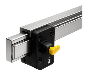 Obraz premium Linear guide with a telescopic design for extending reach in a construction equipment assembly line.
