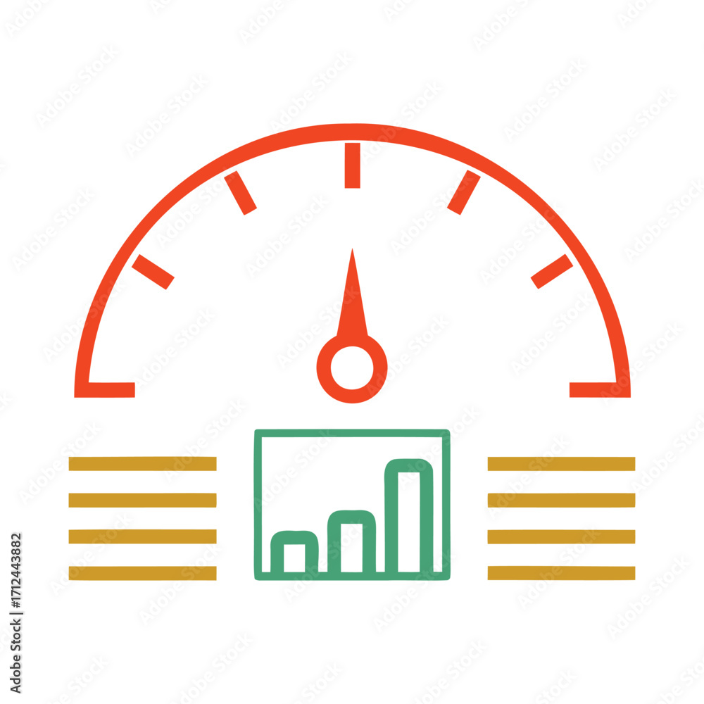 Poster red gauge needle pointing to green bar graph with gold horizontal lines meter speed
