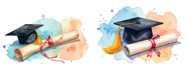 Sat of Graduation Cap and Diploma with Soft Pastel Watercolor Accents