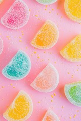 Colorful gummy candies on pink background. Sweet and playful dessert scene.