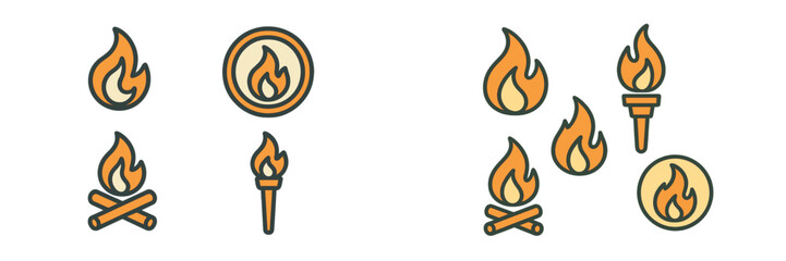Various flame icons and fire symbols in different styles and arrangements for creative design purposes